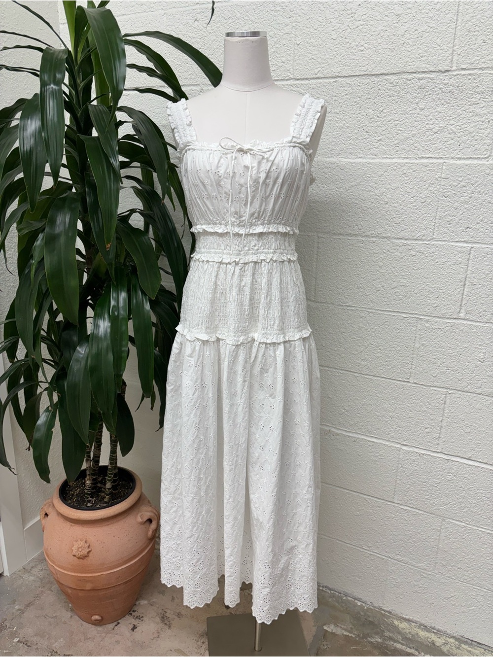 Gap x Doen Smocked White Eyelet Midi Dress with Ruffled Straps